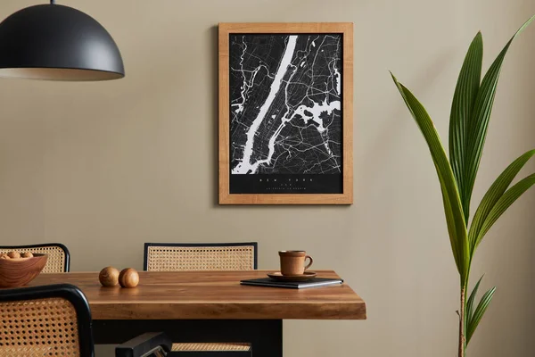 Stylish Dining Room Interior Mock Poster Map Wooden Walnut Table — Stock Photo, Image