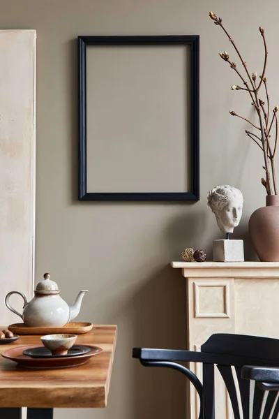 Design Intérieur Rustique Salle Manger Avec Table Familiale Bois Candélabre — Photo