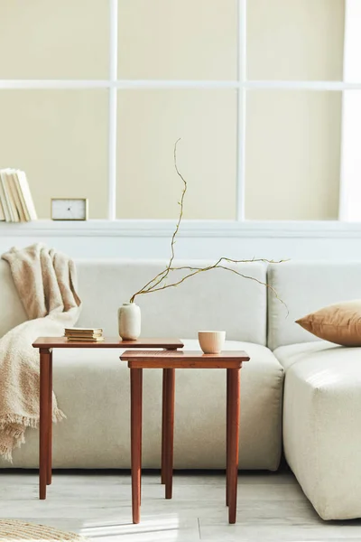 Komposisi Minimalis Interior Ruang Tamu Dengan Sofa Netral Desain Meja — Stok Foto