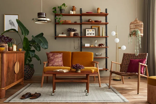 Stylish Interior Living Room Honey Yellow Sofa Wooden Bookcase Plants — Zdjęcie stockowe