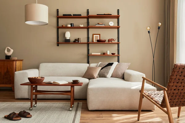 Modern Inredning Vardagsrum Med Design Modulär Beige Soffa Soffbord Möbler — Stockfoto