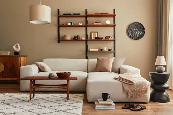 Modern Inredning Vardagsrum Med Design Modulär Beige Soffa Soffbord Möbler — Stockfoto