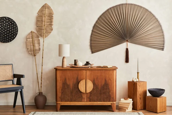 Japandi Koncept Interiéru Obývacího Pokoje Designem Dřevěné Komody Stolní Lampy — Stock fotografie
