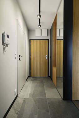 Modern minimalist salon iç mimarisi. Beyaz duvarlar, ahşap kapı, duvarda ayna. Şablon.