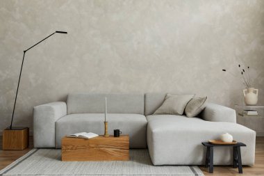 Gri kanepe, ahşap küpler, yastıklar, beyaz vazolar ve küçük kişisel aksesuarlarla modern geniş oturma odasının yaratıcı kompozisyonu. Yaratıcı duvar ve parke zemin. Uzayı kopyala Şablon.