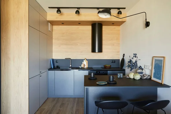 Modern Küçük Mutfak Içinin Şık Bir Kompozisyonu Siyah Mobilyalar Çalışma — Stok fotoğraf