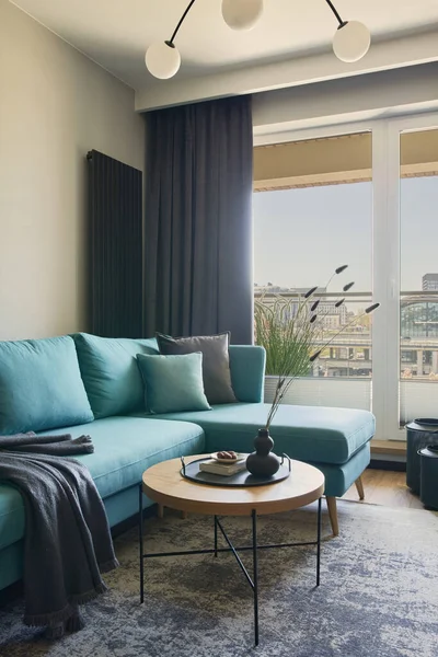 Kreative Komposition Moderner Wohnzimmereinrichtung Einer Kleinen Wohnung Eukalyptus Sofa Kissen — Stockfoto