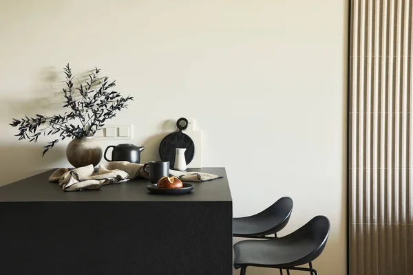 Stylish Composition Modern Small Dining Space Interior Black Table Black — Stock Photo, Image