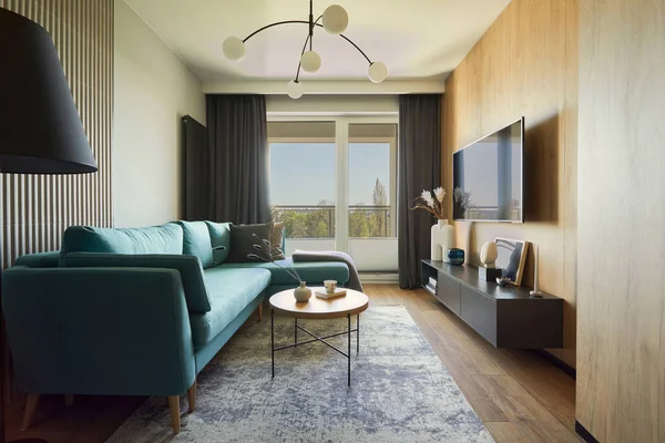 Creative Composition Modern Living Room Interior Small Apartment Eucalyptus Sofa — Stock Photo, Image