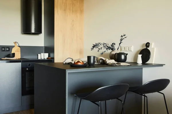 Gaya Komposisi Modern Kecil Ruang Makan Interior Meja Hitam Dapur — Stok Foto