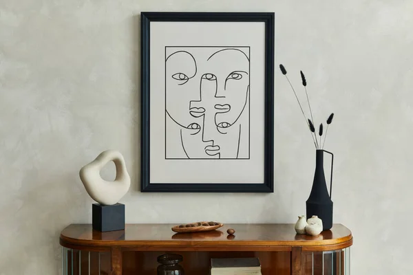 Stylová Minimalistická Kompozice Interiéru Kreativního Obývacího Pokoje Modelovým Rámečkem Plakátu — Stock fotografie