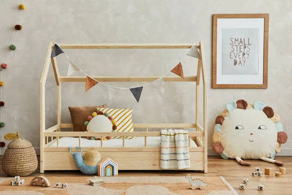 Composition Créative Chambre Enfant Scandinave Confortable Intérieur Avec Lit Bois — Photo