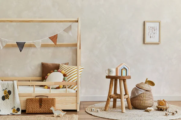 Stylish Composition Cozy Scandinavian Child Room Interior Wooden Bed Toys — Stock Photo, Image