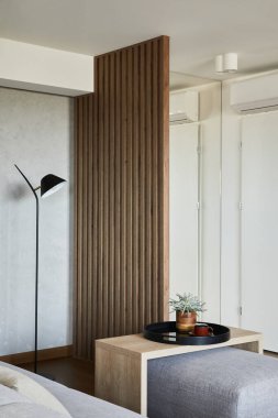 Oturma odasının iç dekorasyonu, kahve masası, puf, lamba ve diğer kişisel aksesuarlar gibi. Tahta pancarlar. Ayrıntılar. Şablon.