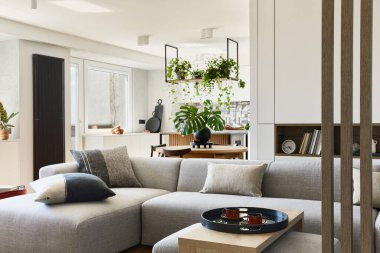 Gri kanepe, puf ve kişisel aksesuarları olan şık bir oturma odası tasarımı. Yemek odası ve mutfak arka planda. Ahşap panjurlu yaratıcı duvarlar. Minimalist stil bir bitkisel aşk konsepti. 