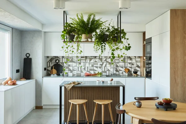 Desain Interior Dapur Bergaya Dengan Ruang Makan Ruang Kerja Dengan — Stok Foto