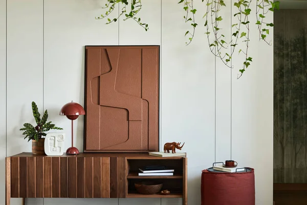 Elegante Criativo Sala Estar Design Interiores Com Commode Madeira Pintura — Fotografia de Stock
