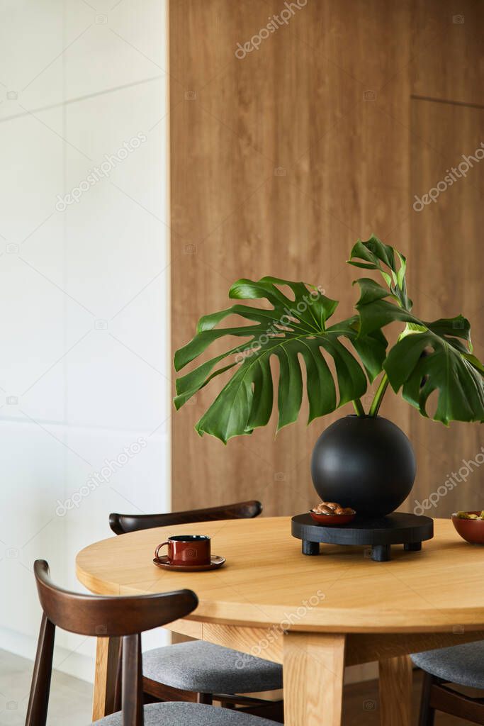 Stylish dining room interior design with dining table, chairs and personal accessories. Creative walls, white and wooden pannels. Minimalistic style an plant love concept. 