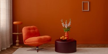 Portakal rengi şezlonga, renkli kolye lambasına ve vazoya sahip geçmişe dönük iç mekan. Sıcak turuncu duvarlar ve neşeli şekiller neşeli bir atmosfer yaratır.