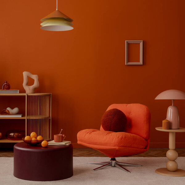Modern orange living space with design armchair, sculptural decor and modern lighting. Stylish home decor.