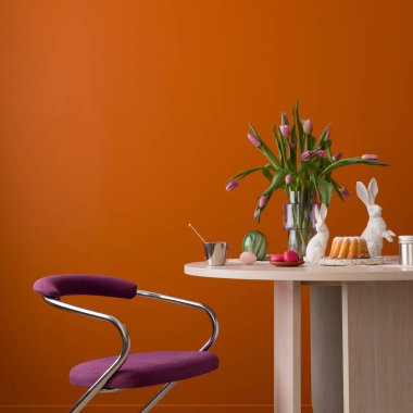 Turuncu duvarlı, masalı, laleli, pastalı, yumurtalı ve tavşanlı. Paskalya için modern dekorasyon, oda içi, bahar evi, ya da şık tasarım