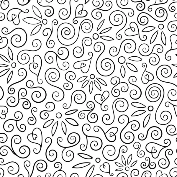Patrón de remolino abstracto en blanco y negro con formas de flor y corazón. Esquema vector sin fisuras repetir fondo. — Vector de stock
