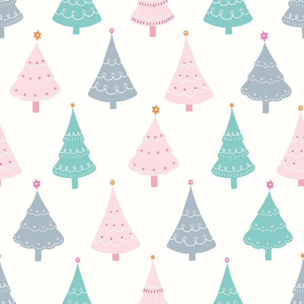 Design de padrão de árvore de Natal com estrelas, vetor bonito sem costura repetição de mão desenhada árvores decoradas festivas. — Vetor de Stock