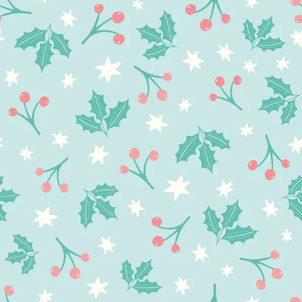 Christmas holly and berry pattern design background. Cute festive vector seamless repeat hand drawn illustration with star shapes. — Stock Vector