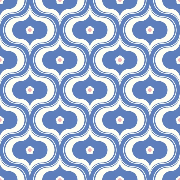 Ogee-Muster mit kleinem Blütendetail in blau. Ziemlich geometrische Vektor florale nahtlose Wiederholung. Traditioneller Hintergrund im modernen Stil, Vektorillustration. — Stockvektor