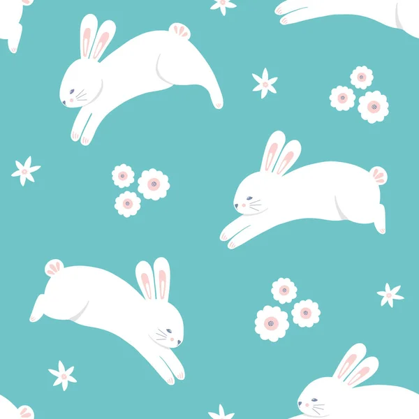 イースターウサギのパターンの背景、可愛いベクトルシームレスな繰り返しデザインの春ウサギの花と跳躍. — ストックベクタ