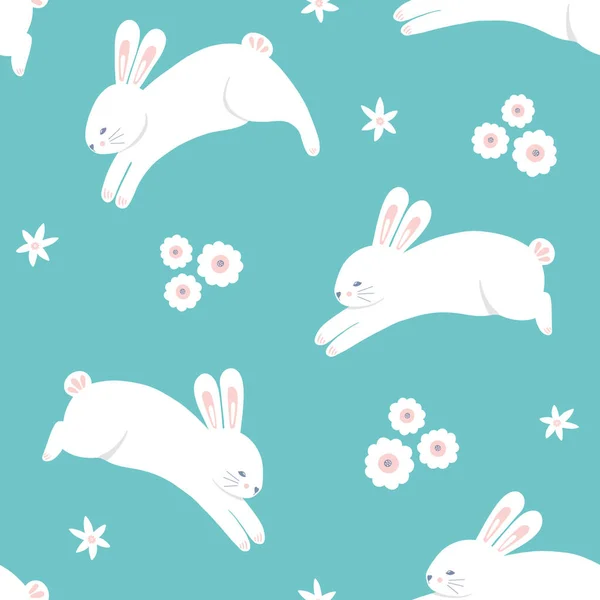 Osterhase Muster Hintergrund, niedliche Vektor nahtlose Wiederholung Design der Frühlingshasen springen mit Blumen. — Stockvektor