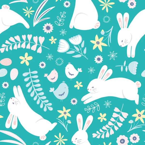 Patrón de Pascua con conejos y flores, lindo vector Fondo de vacaciones de conejos, polluelos y huevos. Vector sin costura repetición. — Vector de stock