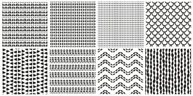Geometric pattern set in black and white, hand drawn seamless repeat designs. Vector illustrations. 
