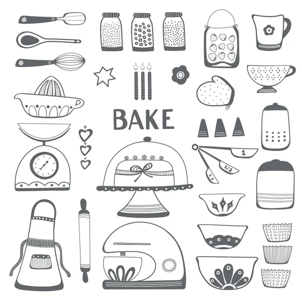 Set de ilustración icono de cocina para hornear. Vector contornos en blanco y negro. — Archivo Imágenes Vectoriales