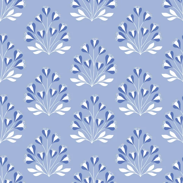 Blumenmuster Design in blau. Vektornahtlose Wiederholung von Krokusblüten und -blättern. — Stockvektor