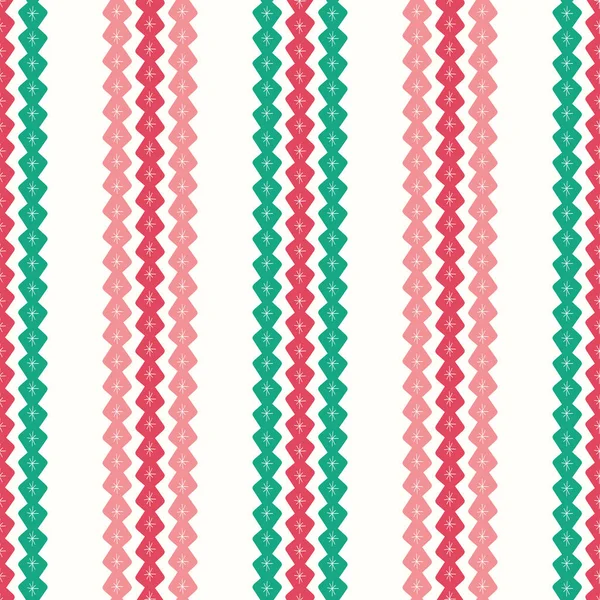 圣诞条纹图案与星星，节日矢量无缝重复设计绿色，红色和粉色. — 图库矢量图片