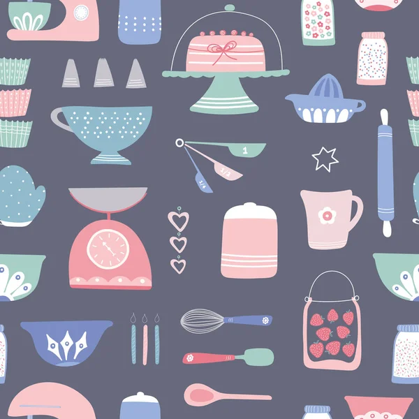 패턴 디자인을 검색 합니다. Vector seamless repeat of home cake cooking utensils and ingredients.Home baking resource. — 스톡 벡터