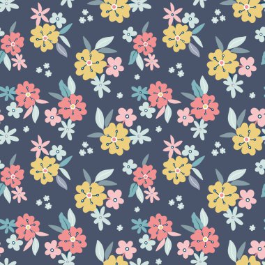 Çiçek desenli arka plan. Elle çizilmiş çiçek buketleri ve yaprakların çok yönlü ve kusursuz tekrarı. Vektör doğa tasarımı.