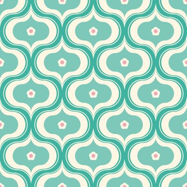 Küçük çiçek desenli ogee desen tasarımı. Çiçekli güzel geometrik vektör retro yeşil renklerde tekrarlanıyor.