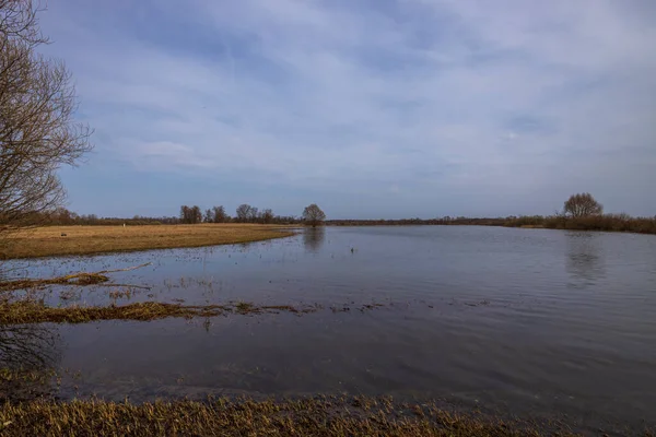 Ein Überflutetes Feld Rande Des Dorfes Der Himmel Spiegelt Sich — Stockfoto