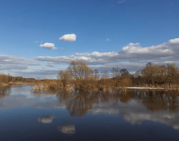 River flood on a spring day. The land is flooded with water. Blue sky and clouds are reflected in the water.