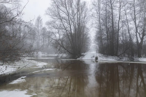 Nebel Über Dem Wasser Bewölkter Frühlingstag Fluss Zeitigen Frühling Steht — Stockfoto