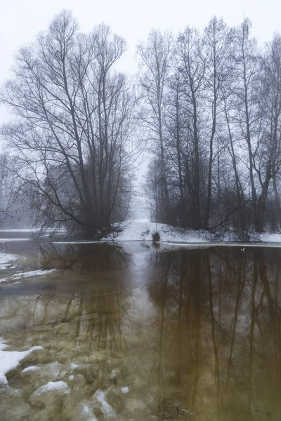 Nebel Über Dem Wasser Bewölkter Frühlingstag Fluss Zeitigen Frühling Steht — Stockfoto