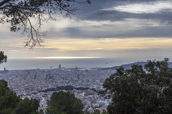 Panorama Von Barcelona Vom Tibidabo Aus Früh Morgens Barcelona Landschaft — Stockfoto