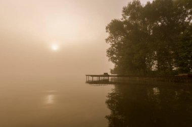 Güneşin doğuşu sisli nehir manzarası. Bir yaz sabahı, şafak vakti. Yumuşak güneşin aydınlattığı sisler. 