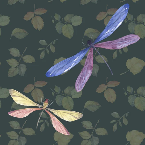 无缝制的植物图案 蜻蜓蝴蝶和树叶被漆成水彩画 用于设计 纺织品的无缝壁纸 原始包装纸 — 图库照片
