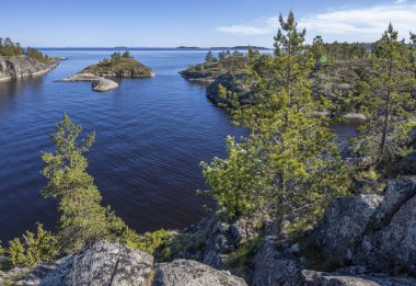 Göl üzerinde taşlarla kaplı bir orman manzarası. Gölde güneşli bir gün. Suyun içindeki gökyüzünün yansıması. Taş üstünde çam. Kuzeyin doğası.. 