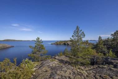 Tepenin üzerinde günbatımının canlı renkleri. Akşamları renkli manzara, tepeli bir tarlanın üzerinde altın bulutlarla muhteşem mavi gökyüzü..