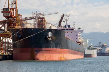 Güney Amerika 'nın en önemli limanı olan Santos, Brezilya Limanı' ndaki konteynır gemisinde yoğun trafik var.