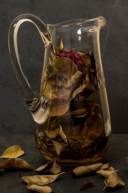 Koyu arkaplanda kurumuş aromatik yapraklı cam kavanozu kapat..